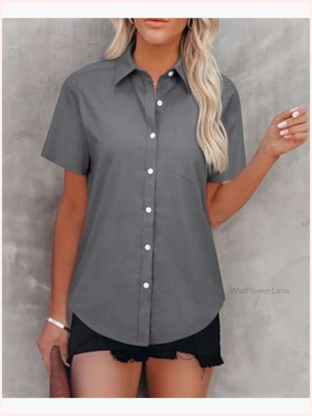 Short Sleeve Button Down Oxford Shirt Women V Neck Collared Blouse Top Pocket - Picture 3 of 6
